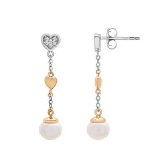 Bridge Cultured Pearl Gold Over Sterling Silver Heart Shaped Dangle Earrings NWB - Picture 1 of 1